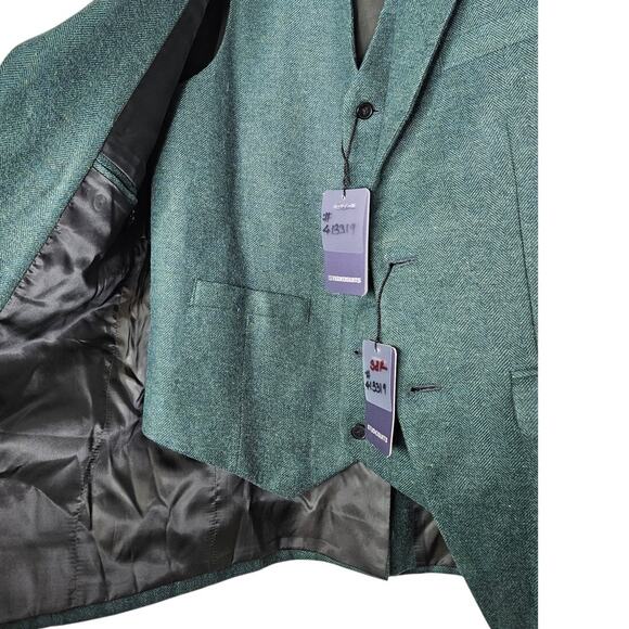 NEW Studiosuits 3 Piece Suit 38 30 Green Herringbone Vest Blazer Career Wool - Picture 8 of 10